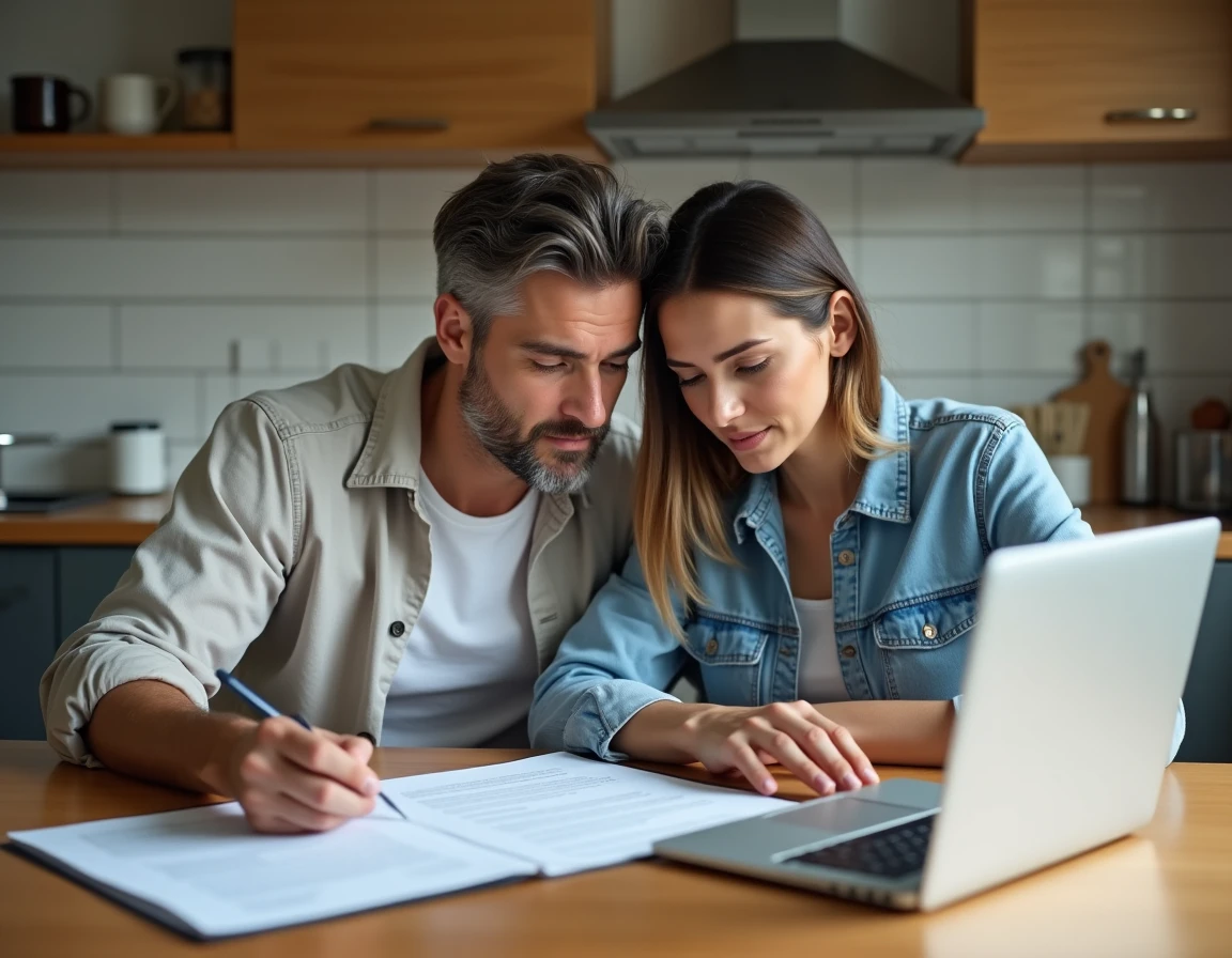 Couple examinant ensemble les clauses d'un contrat Ancronix Maison avant signature