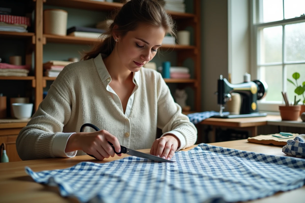 Femme coupant un tissu coton enduit imperméable à motif géométrique bleu dans un atelier de couture maison