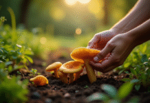 Personne cueillant des chanterelles dorées dans un jardin