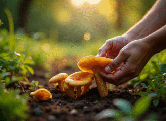 Personne cueillant des chanterelles dorées dans un jardin