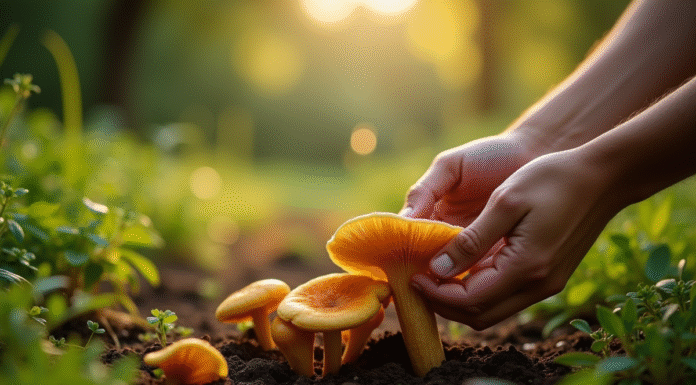 Personne cueillant des chanterelles dorées dans un jardin