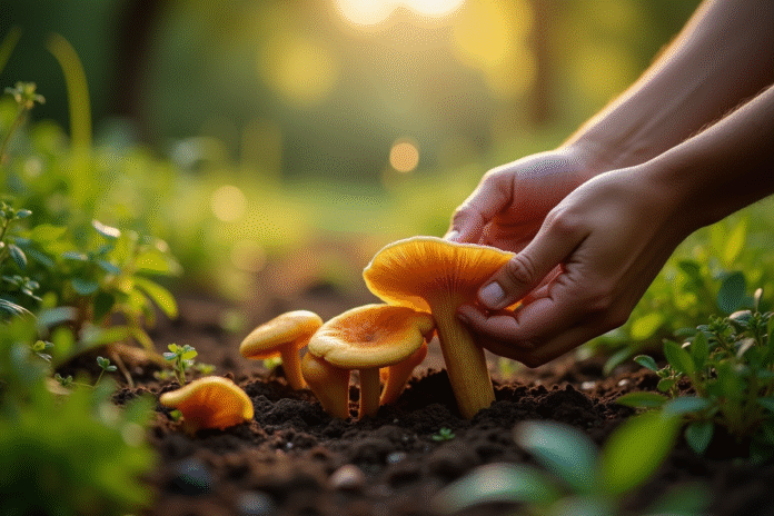 cueillette-champignons-garden Personne cueillant des chanterelles dorées dans un jardin