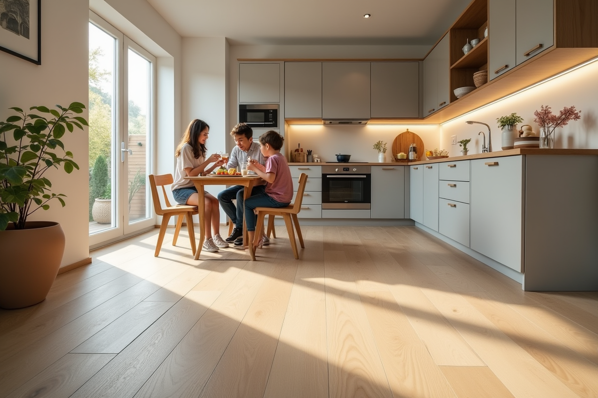 Cuisine moderne avec famille petit-dejeuner et sol durable