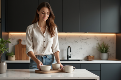 Femme arrangeant des assiettes en cuisine moderne avec backsplash terrazzo
