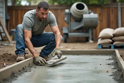 Homme posant une dalle béton lui-même dans un jardin résidentiel avec une taloche en acier, sacs de béton et coffrage en bois visibles en arrière-plan