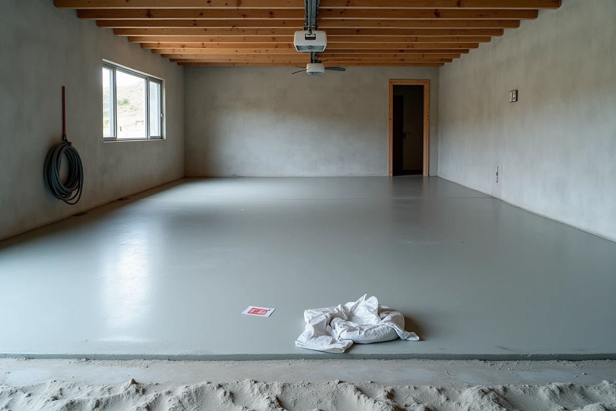 Vue grand angle d'une dalle béton fraîchement coulée dans un garage résidentiel vide, texture grise uniforme visible avec sac de béton vide et notice technique au sol