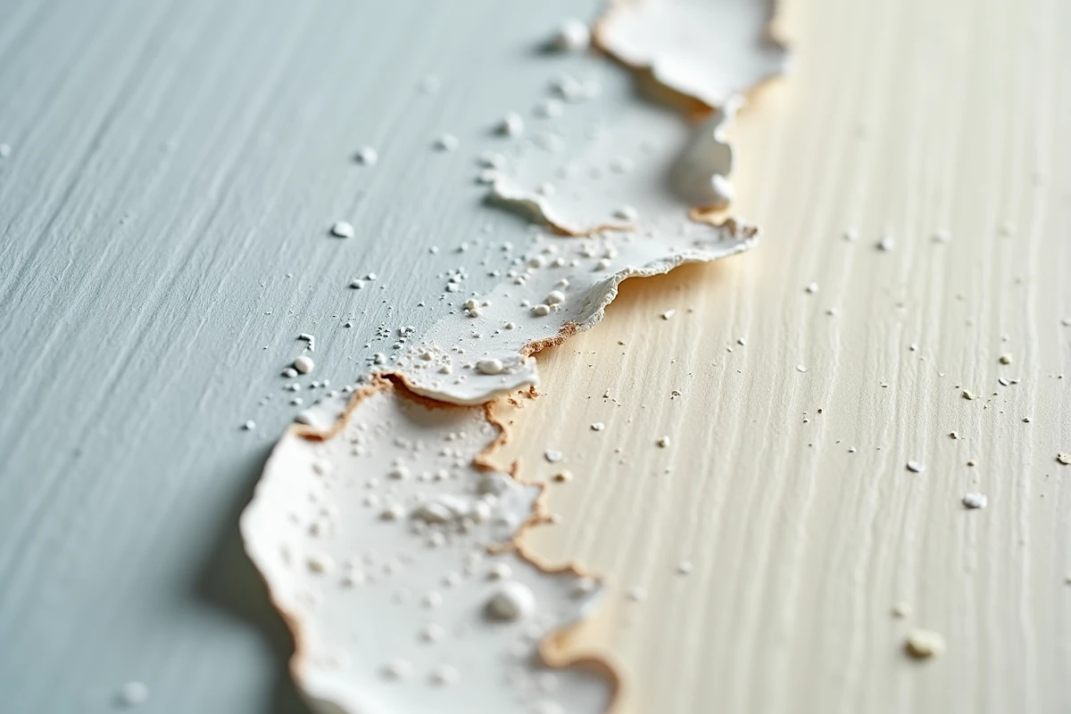 Gros plan sur un décollement et des cloques de peinture appliquée sur glycéro sans préparation adéquate