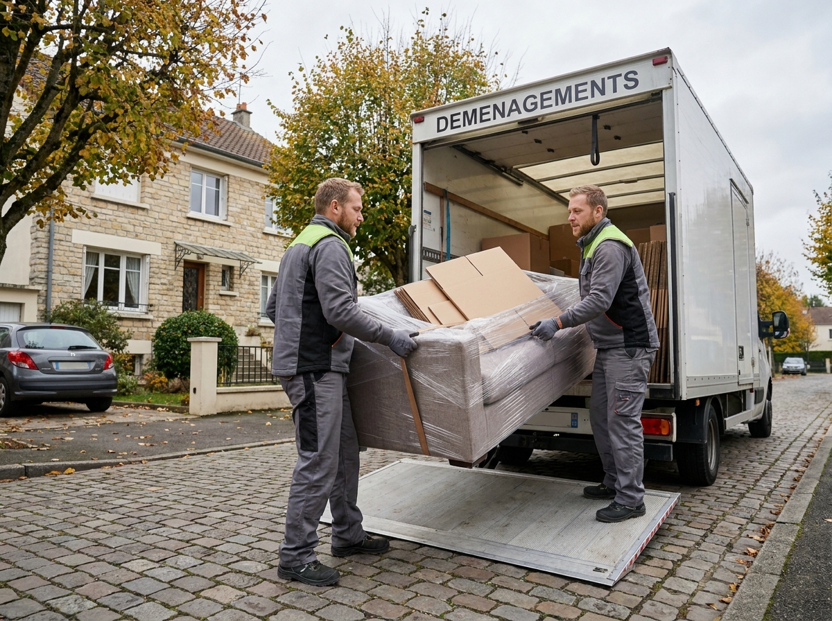Déménageurs chargeant des meubles emballés dans un camion de déménagement devant une maison