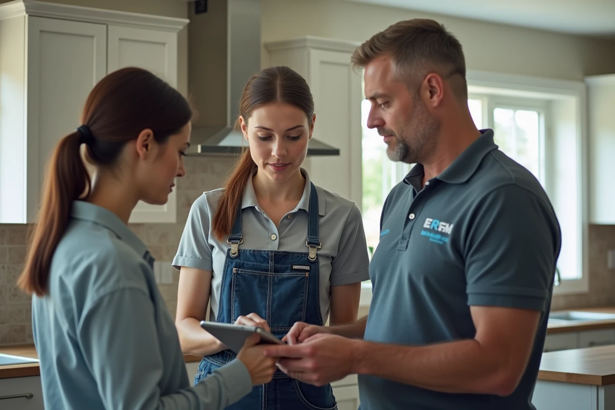 Électricienne guidant un couple avec une tablette de domotique