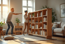 Homme et femme déplaçant une bibliothèque en bois dans un salon lumineux