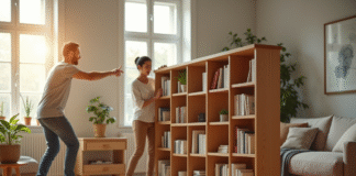 Homme et femme déplaçant une bibliothèque en bois dans un salon lumineux