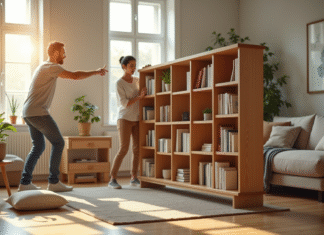 Déplacer des meubles sans les vider : astuces pratiques et faciles ! Homme et femme déplaçant une bibliothèque en bois dans un salon lumineux
