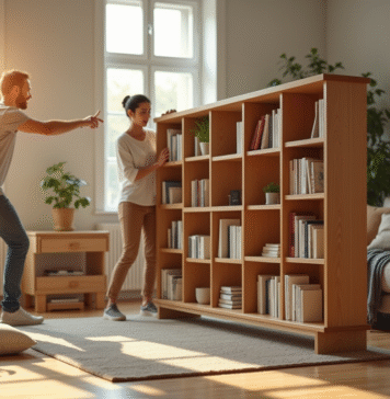Homme et femme déplaçant une bibliothèque en bois dans un salon lumineux