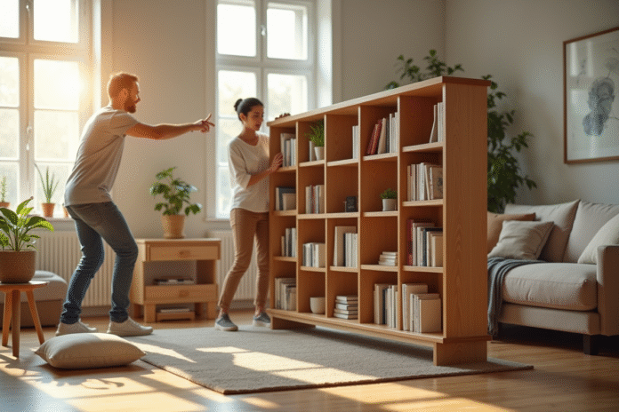 Homme et femme déplaçant une bibliothèque en bois dans un salon lumineux