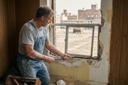 Artisan en train de déposer une ancienne fenêtre en aluminium lors de la rénovation d'un appartement des années 70
