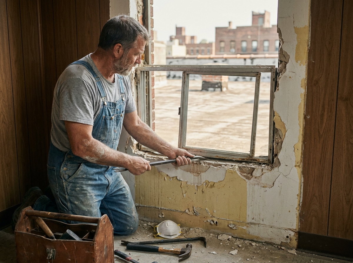 Artisan en train de déposer une ancienne fenêtre en aluminium lors de la rénovation d'un appartement des années 70