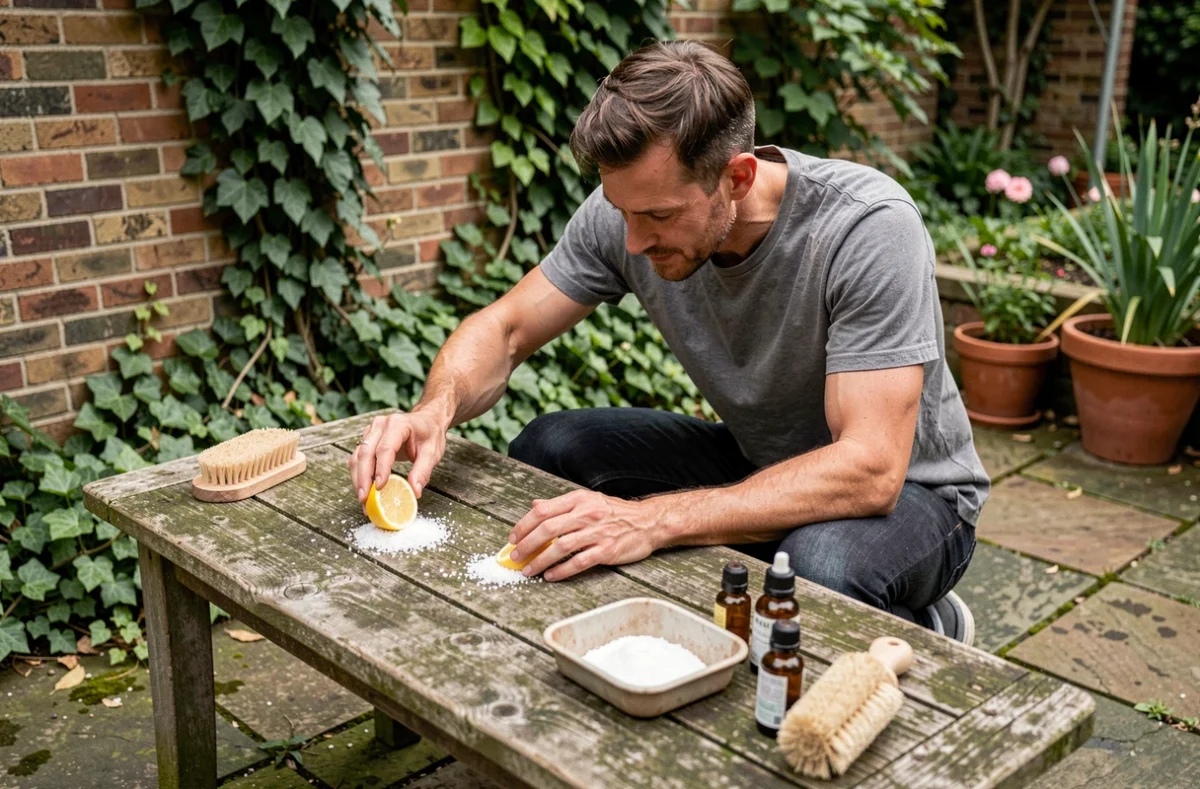Homme utilisant du citron et du sel marin pour nettoyer naturellement une table en bois de jardin, alternative écologique à l'acide oxalique