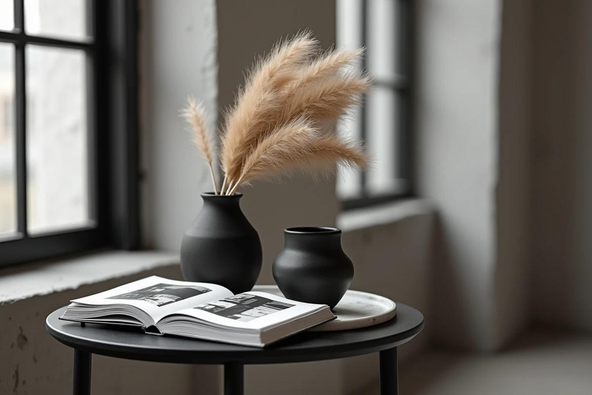 Détail de décoration industrielle avec table en acier, plateau en marbre blanc et vase céramique noire dans un loft urbain