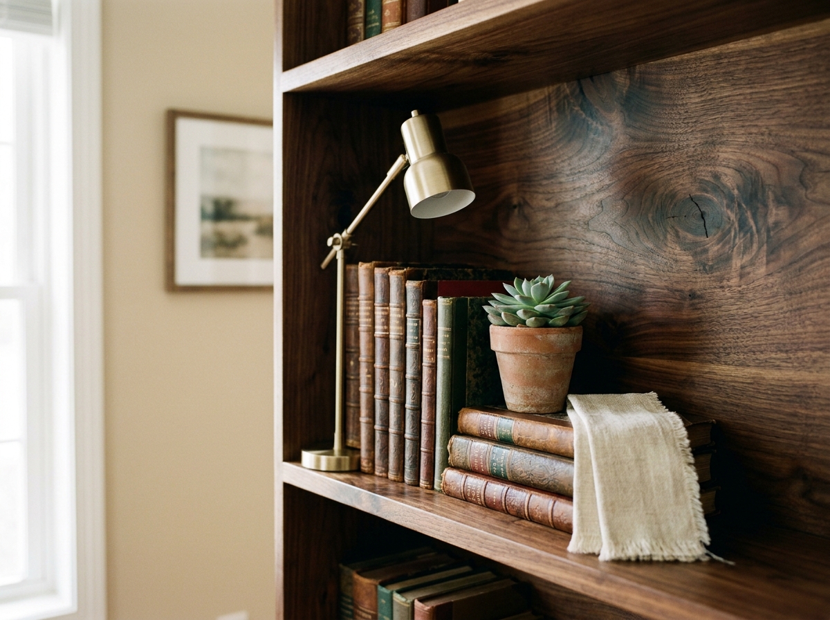 Gros plan sur une étagère de bibliothèque en noyer massif avec livres anciens, plante succulente et lampe en laiton