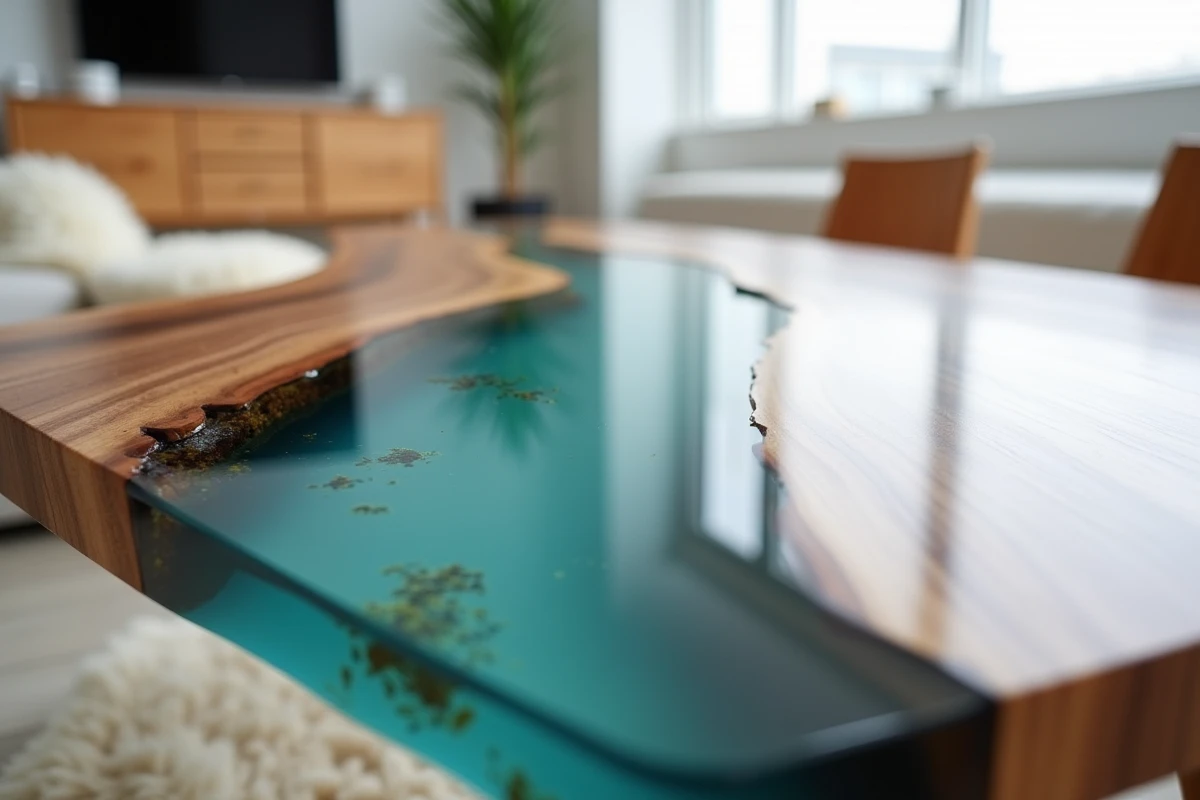 Détail en gros plan d'une table rivière en résine turquoise et noyer dans un salon scandinave