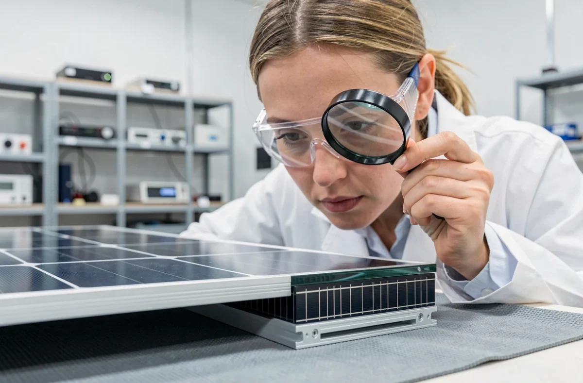 Ingénieure examinant la tranche d'un panneau solaire bifacial en verre-verre dans un laboratoire technique