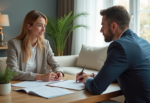 Femme d'affaires discutant avec agent immobilier dans un salon