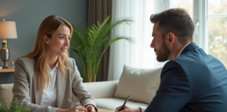 Femme d'affaires discutant avec agent immobilier dans un salon