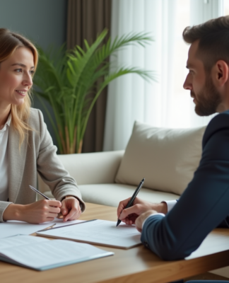 Femme d'affaires discutant avec agent immobilier dans un salon