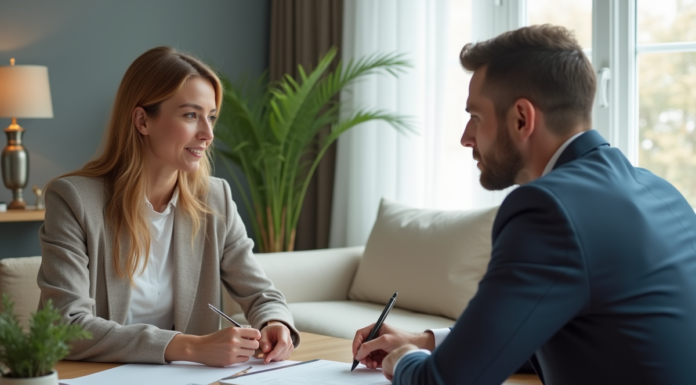 Femme d'affaires discutant avec agent immobilier dans un salon