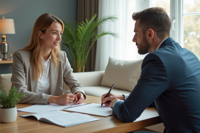 discussion-immobilier-salon Femme d'affaires discutant avec agent immobilier dans un salon