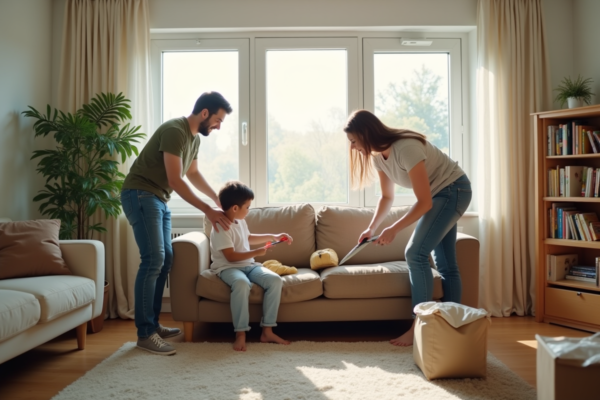 Famille dans un salon lumineux lors du recyclage d
