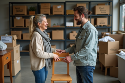 Femme souriante donnant une petite chaise en bois dans un centre de dons