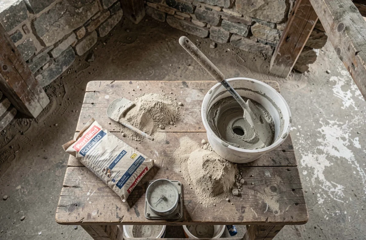 Dosage précis de ciment et de sable sur établi en bois pour préparer du mortier maison, avec balance et seau de mélange