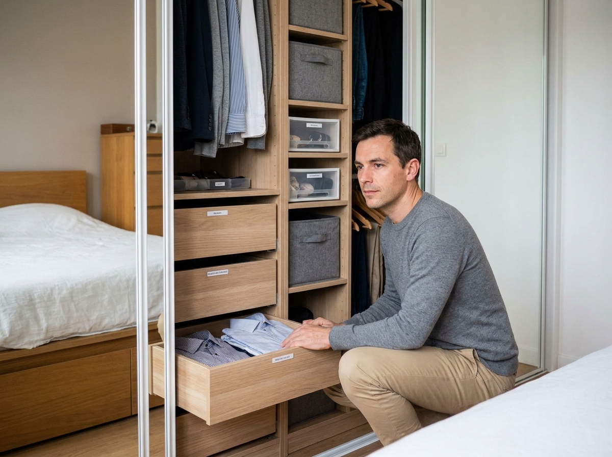 Homme rangeant un dressing compact avec système de rangement modulable dans une maison de banlieue parisienne