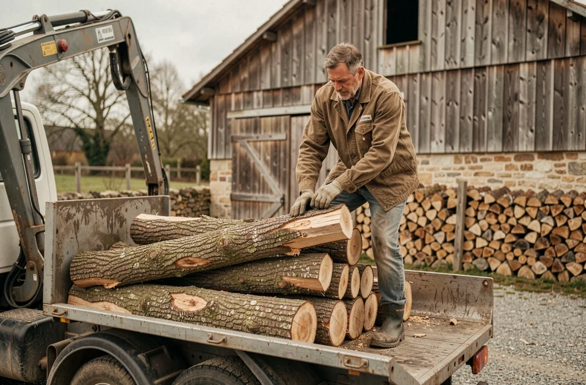 Élagueur chargeant des troncs de bois coupés sur un camion forestier professionnel dans une cour de propriété rurale en France