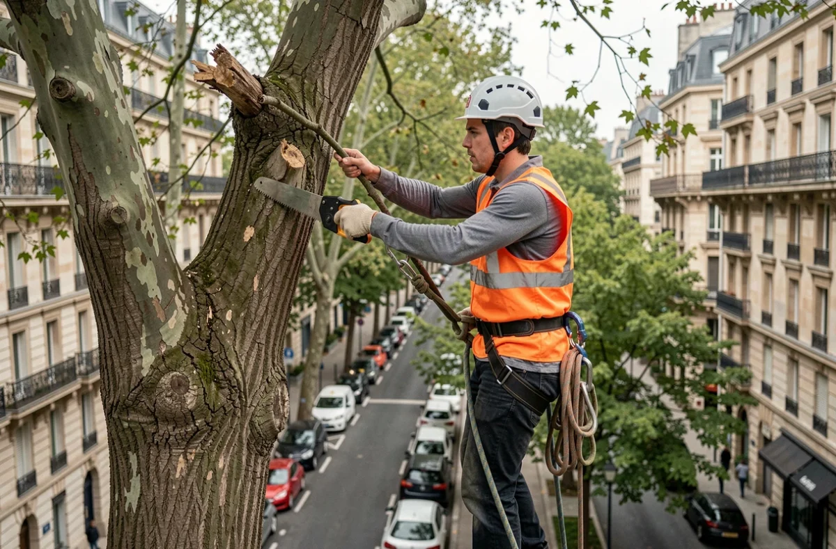 Élagueur en hauteur dans un platane urbain avec harnais de sécurité sur un boulevard de ville