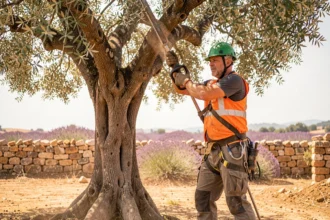 Élagueur professionnel en train d'élaguer un olivier centenaire dans un paysage provençal avec des champs de lavande en arrière-plan