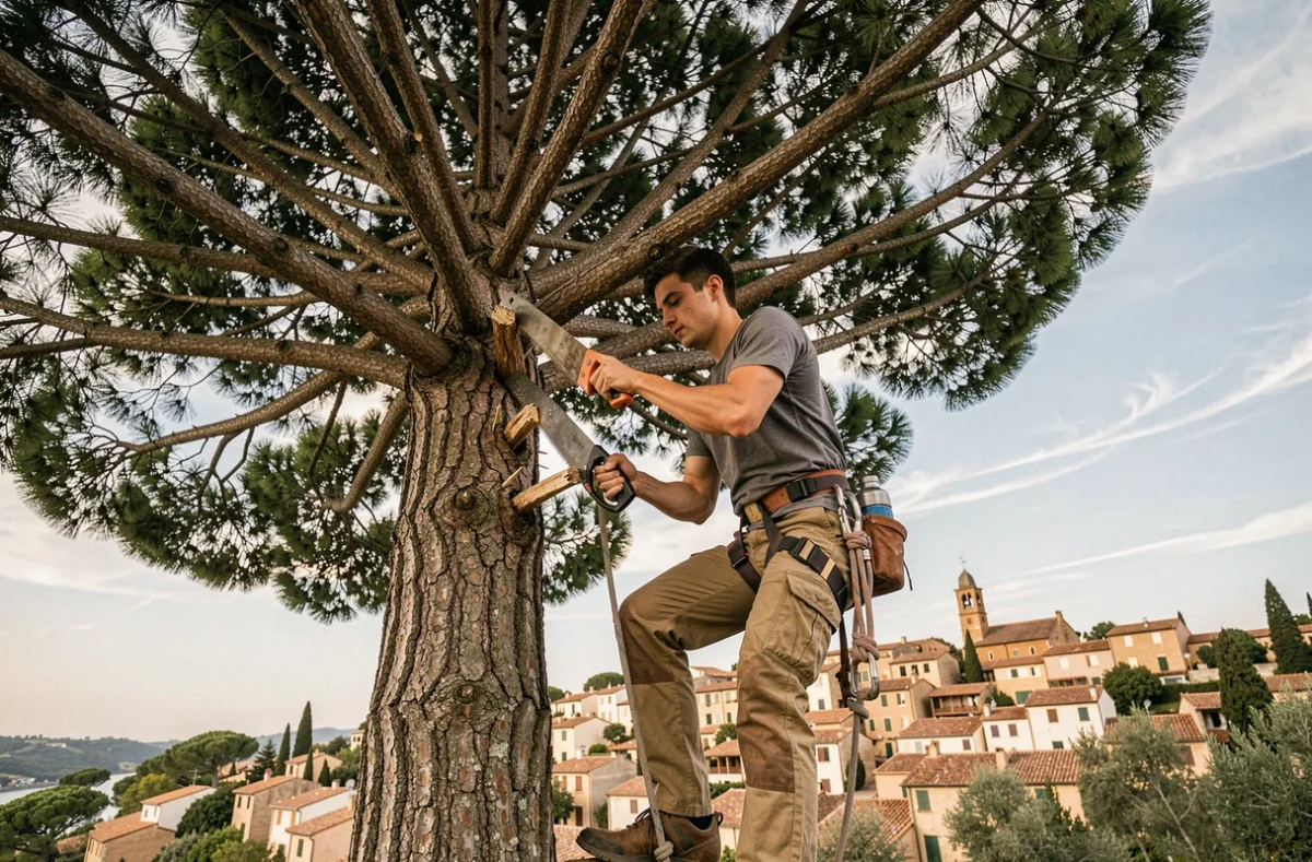 Élagueur en hauteur dans un pin parasol taillant une branche morte avec vue sur un village provençal en arrière-plan
