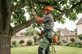 Élagueur professionnel en hauteur équipé d'un harnais et d'un casque de sécurité, taillant un grand chêne dans un jardin résidentiel