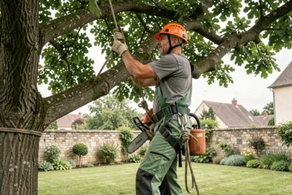 Élagueur professionnel en hauteur équipé d'un harnais et d'un casque de sécurité, taillant un grand chêne dans un jardin résidentiel