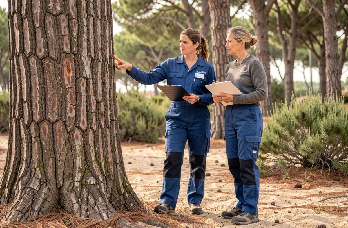 Deux élagueuses inspectant le tronc d'un pin maritime dans une forêt méditerranéenne côtière