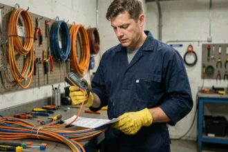 Électricien professionnel analysant des câbles électriques multicolores sur un établi d'atelier industriel avec un tableau de section de câbles
