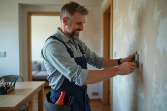 Électricien souriant installant une prise murale moderne