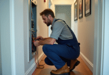 Électricité à refaire : Comment vérifier ? Nos conseils d’expert Électricien homme en overalls examine un panneau électrique