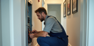 Électricité à refaire : Comment vérifier ? Nos conseils d’expert Électricien homme en overalls examine un panneau électrique