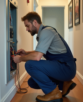 Électricien homme en overalls examine un panneau électrique