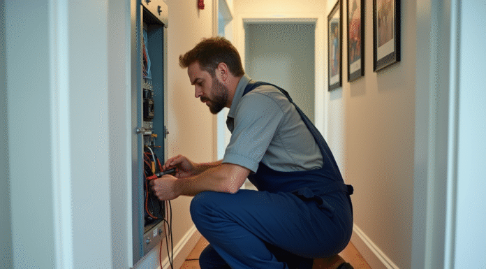 Électricien homme en overalls examine un panneau électrique