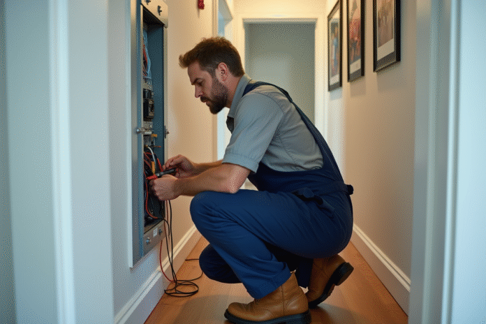 Électricien homme en overalls examine un panneau électrique