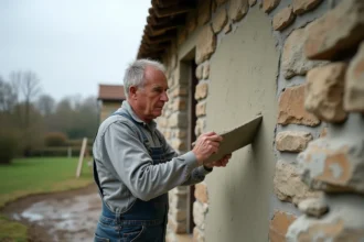 Auto-constructeur appliquant un enduit à la chaux sur un mur en pierre par temps humide et couvert