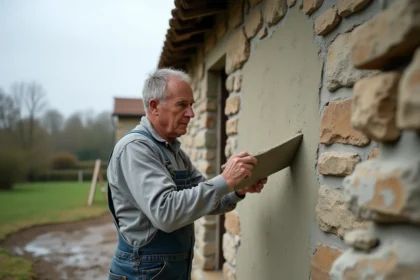 Auto-constructeur appliquant un enduit à la chaux sur un mur en pierre par temps humide et couvert